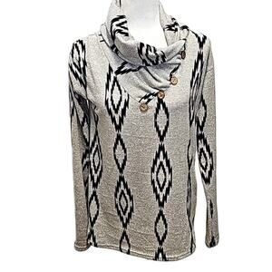 Mon Ami Lightweight Gray and Black Aztek Cowl Neck Sweater Womans Size M